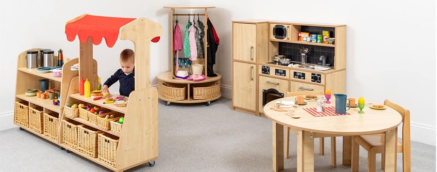 Wooden home corner play set for nursery with market stool and wooden play kitchen