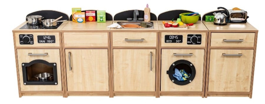 Wooden play kitchen set with oven, sink, washing machine and storage units for Early Years role play