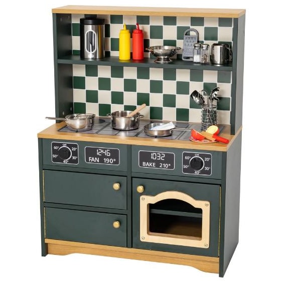 Nursery home corner range oven painted dark green with stainless steel pots and pans accessories