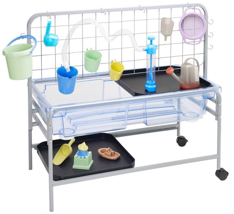 Super sand and water tray set with bucket, sieve, trowel and jug accessories.